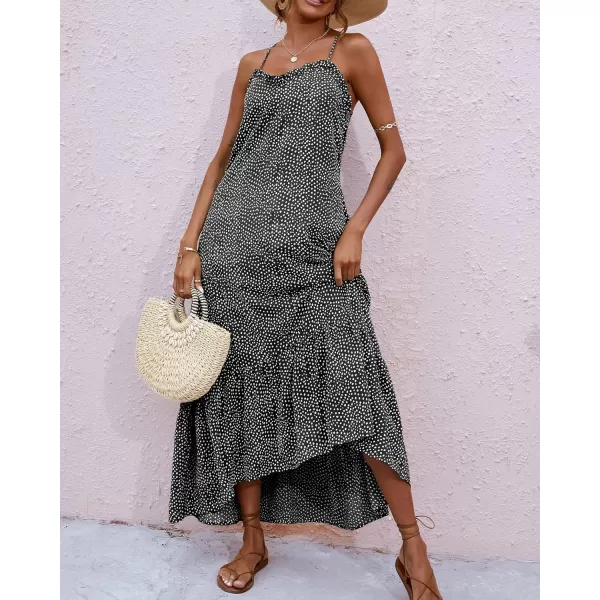 imageBTFBM Women Casual Summer Dresses 2023 Spaghetti Strap Sleeveless Sundress Print Ruffle Flowy Boho Beach Long Maxi DressPrint Black