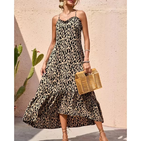 imageBTFBM Women Casual Summer Dresses 2023 Spaghetti Strap Sleeveless Sundress Print Ruffle Flowy Boho Beach Long Maxi DressPrint Camel