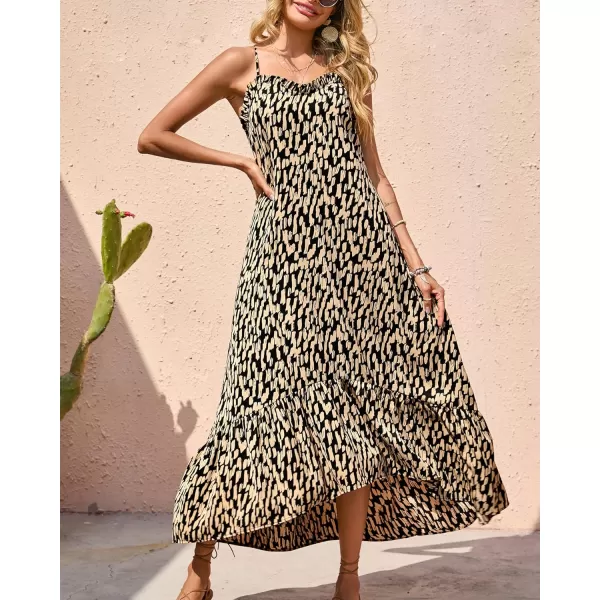 imageBTFBM Women Casual Summer Dresses 2023 Spaghetti Strap Sleeveless Sundress Print Ruffle Flowy Boho Beach Long Maxi DressPrint Camel