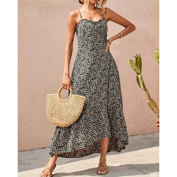 imageBTFBM Women Casual Summer Dresses 2023 Spaghetti Strap Sleeveless Sundress Print Ruffle Flowy Boho Beach Long Maxi DressPrint Floral Black