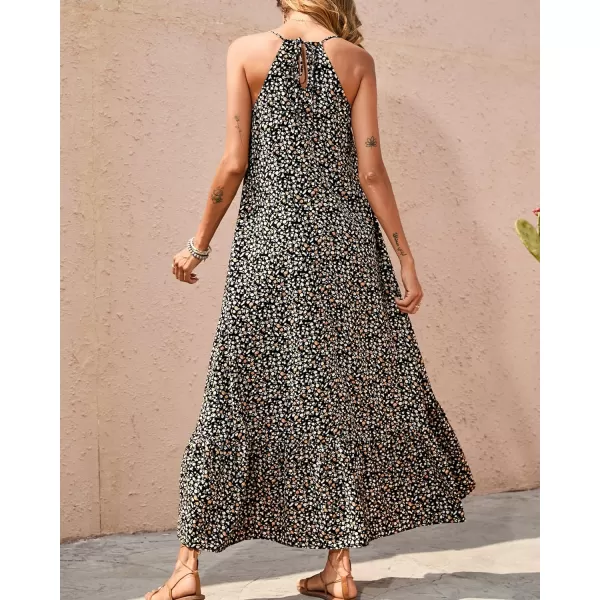 imageBTFBM Women Casual Summer Dresses 2023 Spaghetti Strap Sleeveless Sundress Print Ruffle Flowy Boho Beach Long Maxi DressPrint Floral Black