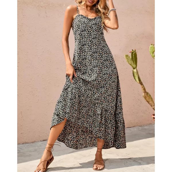 imageBTFBM Women Casual Summer Dresses 2023 Spaghetti Strap Sleeveless Sundress Print Ruffle Flowy Boho Beach Long Maxi DressPrint Floral Black