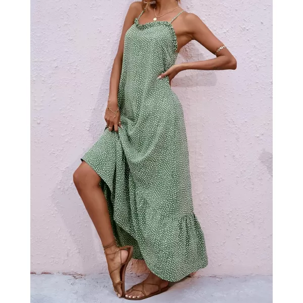 imageBTFBM Women Casual Summer Dresses 2023 Spaghetti Strap Sleeveless Sundress Print Ruffle Flowy Boho Beach Long Maxi DressPrint Floral Green