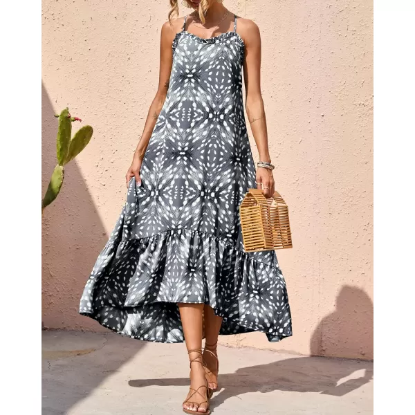 imageBTFBM Women Casual Summer Dresses 2023 Spaghetti Strap Sleeveless Sundress Print Ruffle Flowy Boho Beach Long Maxi DressPrint Grey