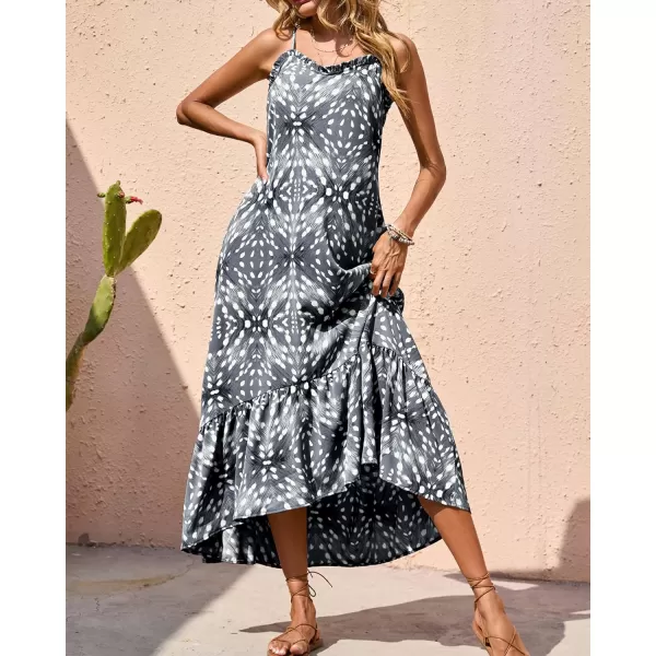 imageBTFBM Women Casual Summer Dresses 2023 Spaghetti Strap Sleeveless Sundress Print Ruffle Flowy Boho Beach Long Maxi DressPrint Grey