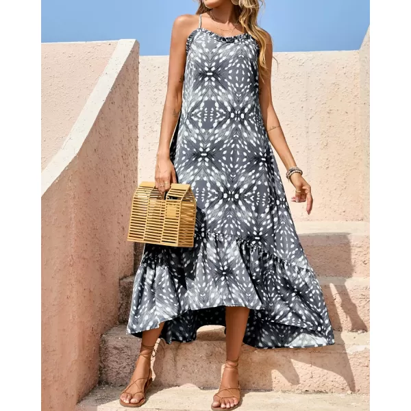 imageBTFBM Women Casual Summer Dresses 2023 Spaghetti Strap Sleeveless Sundress Print Ruffle Flowy Boho Beach Long Maxi DressPrint Grey