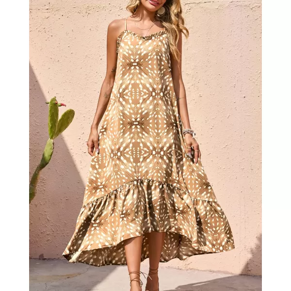 imageBTFBM Women Casual Summer Dresses 2023 Spaghetti Strap Sleeveless Sundress Print Ruffle Flowy Boho Beach Long Maxi DressPrint Khaki