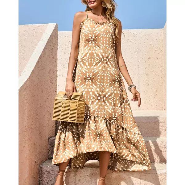 imageBTFBM Women Casual Summer Dresses 2023 Spaghetti Strap Sleeveless Sundress Print Ruffle Flowy Boho Beach Long Maxi DressPrint Khaki