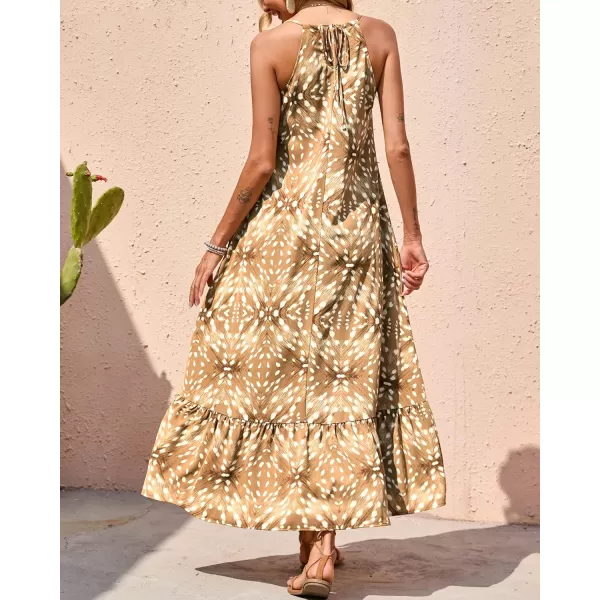 imageBTFBM Women Casual Summer Dresses 2023 Spaghetti Strap Sleeveless Sundress Print Ruffle Flowy Boho Beach Long Maxi DressPrint Khaki