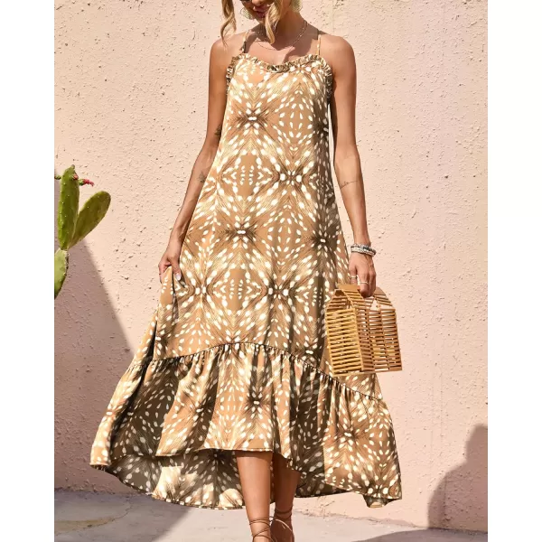 imageBTFBM Women Casual Summer Dresses 2023 Spaghetti Strap Sleeveless Sundress Print Ruffle Flowy Boho Beach Long Maxi DressPrint Khaki