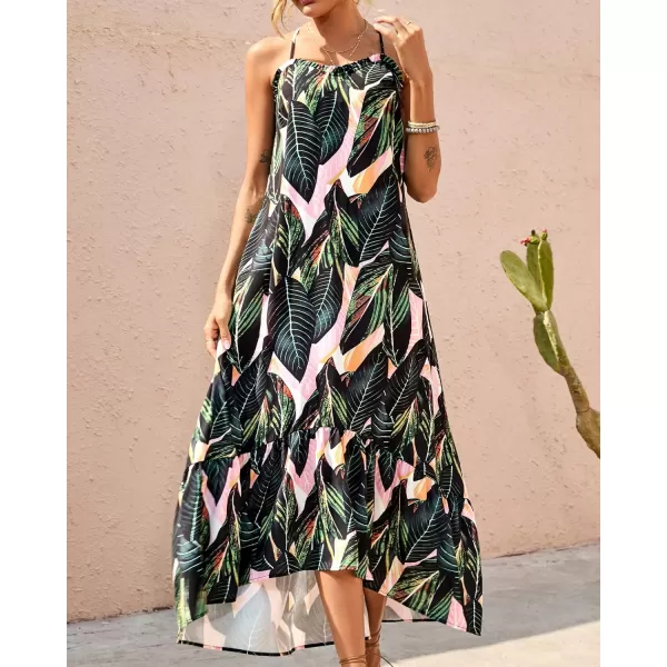 imageBTFBM Women Casual Summer Dresses 2023 Spaghetti Strap Sleeveless Sundress Print Ruffle Flowy Boho Beach Long Maxi DressPrint Leaf Dark Green