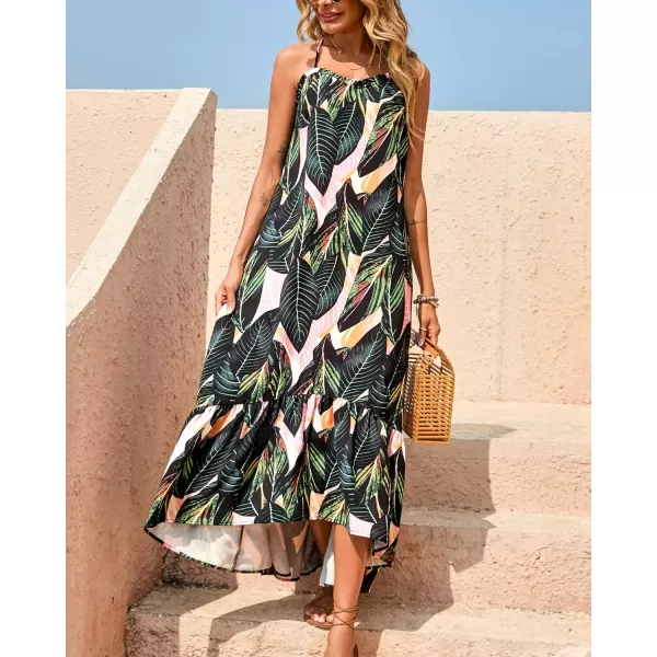 imageBTFBM Women Casual Summer Dresses 2023 Spaghetti Strap Sleeveless Sundress Print Ruffle Flowy Boho Beach Long Maxi DressPrint Leaf Dark Green