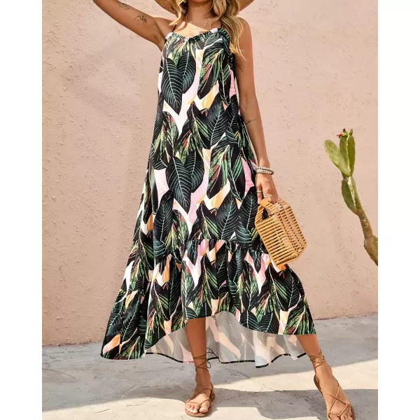 imageBTFBM Women Casual Summer Dresses 2023 Spaghetti Strap Sleeveless Sundress Print Ruffle Flowy Boho Beach Long Maxi DressPrint Leaf Dark Green