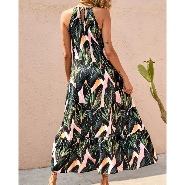imageBTFBM Women Casual Summer Dresses 2023 Spaghetti Strap Sleeveless Sundress Print Ruffle Flowy Boho Beach Long Maxi DressPrint Leaf Dark Green
