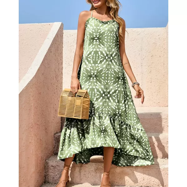 imageBTFBM Women Casual Summer Dresses 2023 Spaghetti Strap Sleeveless Sundress Print Ruffle Flowy Boho Beach Long Maxi DressPrint Leaf Green