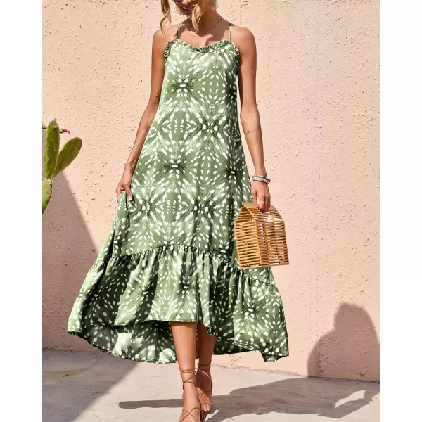 imageBTFBM Women Casual Summer Dresses 2023 Spaghetti Strap Sleeveless Sundress Print Ruffle Flowy Boho Beach Long Maxi DressPrint Leaf Green