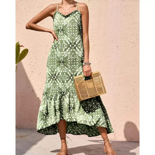 imageBTFBM Women Casual Summer Dresses 2023 Spaghetti Strap Sleeveless Sundress Print Ruffle Flowy Boho Beach Long Maxi DressPrint Leaf Green