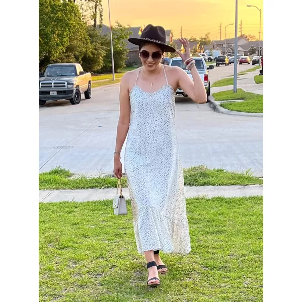 imageBTFBM Women Casual Summer Dresses 2023 Spaghetti Strap Sleeveless Sundress Print Ruffle Flowy Boho Beach Long Maxi DressPrint White