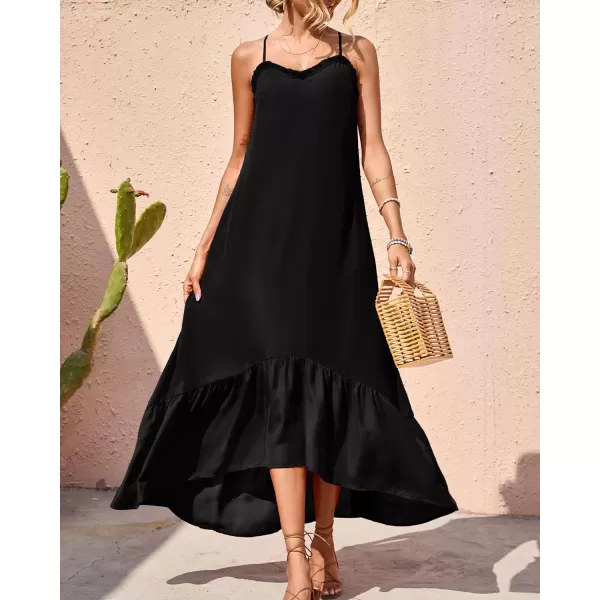 imageBTFBM Women Casual Summer Dresses 2023 Spaghetti Strap Sleeveless Sundress Print Ruffle Flowy Boho Beach Long Maxi DressSolid Black