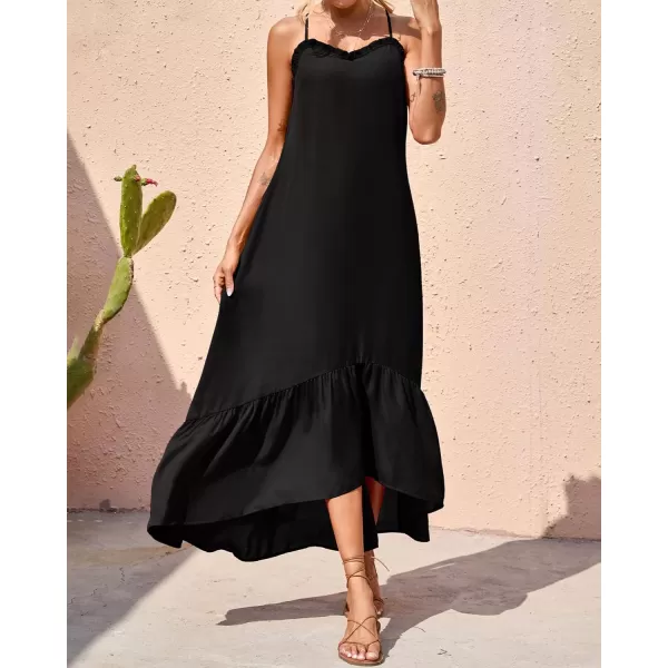 imageBTFBM Women Casual Summer Dresses 2023 Spaghetti Strap Sleeveless Sundress Print Ruffle Flowy Boho Beach Long Maxi DressSolid Black