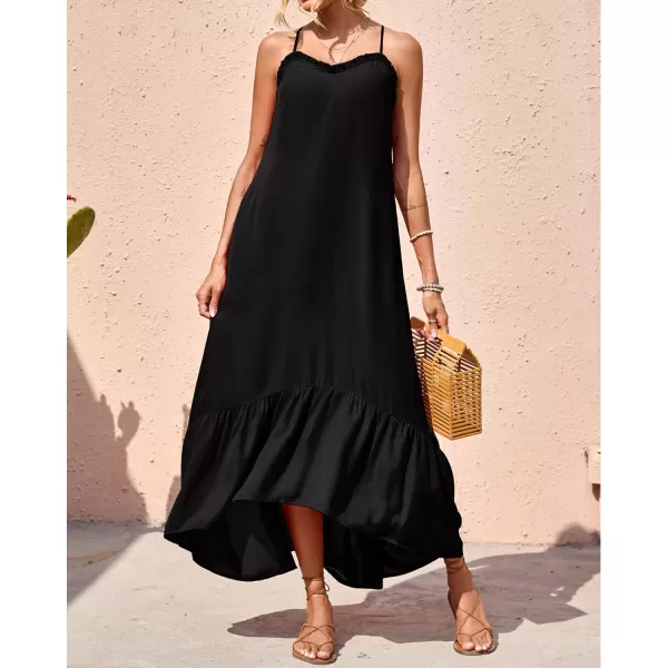 imageBTFBM Women Casual Summer Dresses 2023 Spaghetti Strap Sleeveless Sundress Print Ruffle Flowy Boho Beach Long Maxi DressSolid Black