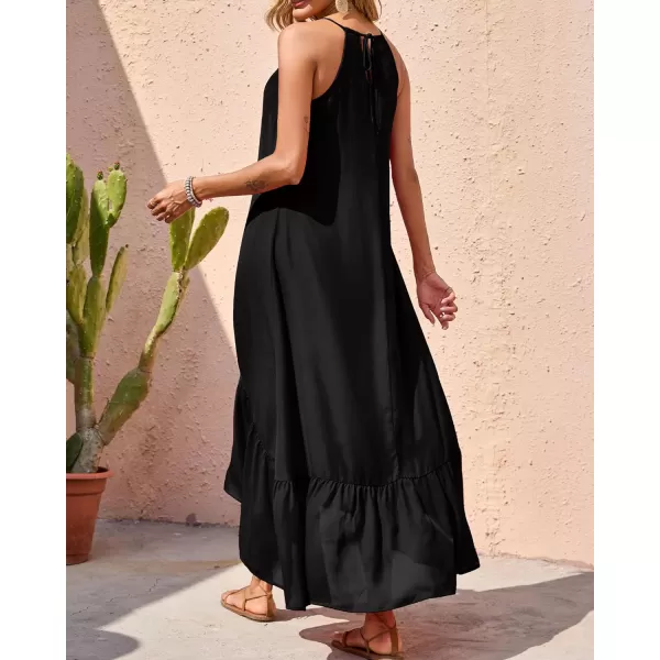 imageBTFBM Women Casual Summer Dresses 2023 Spaghetti Strap Sleeveless Sundress Print Ruffle Flowy Boho Beach Long Maxi DressSolid Black