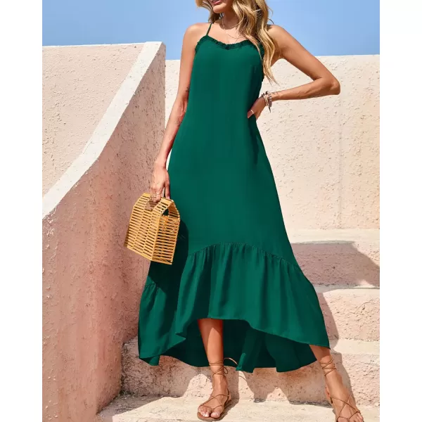 imageBTFBM Women Casual Summer Dresses 2023 Spaghetti Strap Sleeveless Sundress Print Ruffle Flowy Boho Beach Long Maxi DressSolid Dark Green