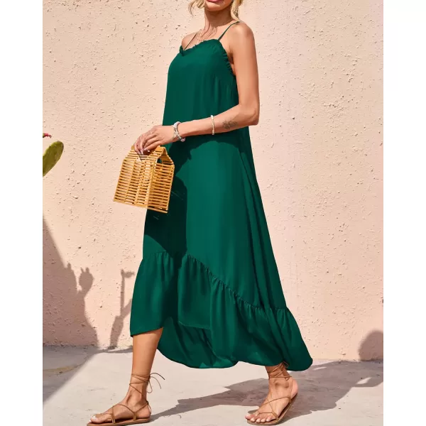 imageBTFBM Women Casual Summer Dresses 2023 Spaghetti Strap Sleeveless Sundress Print Ruffle Flowy Boho Beach Long Maxi DressSolid Dark Green