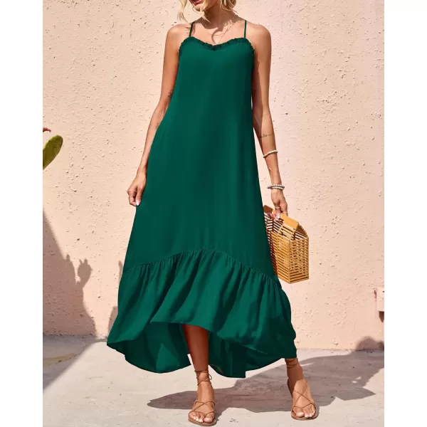 imageBTFBM Women Casual Summer Dresses 2023 Spaghetti Strap Sleeveless Sundress Print Ruffle Flowy Boho Beach Long Maxi DressSolid Dark Green