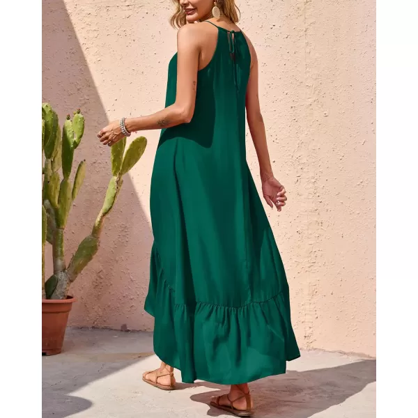imageBTFBM Women Casual Summer Dresses 2023 Spaghetti Strap Sleeveless Sundress Print Ruffle Flowy Boho Beach Long Maxi DressSolid Dark Green