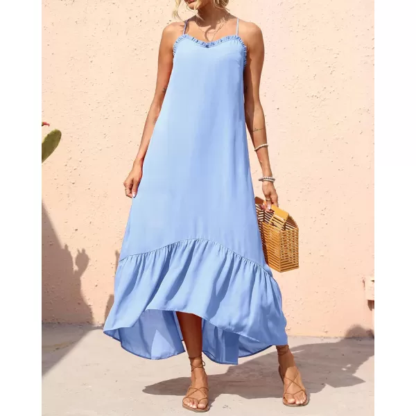 imageBTFBM Women Casual Summer Dresses 2023 Spaghetti Strap Sleeveless Sundress Print Ruffle Flowy Boho Beach Long Maxi DressSolid Light Blue