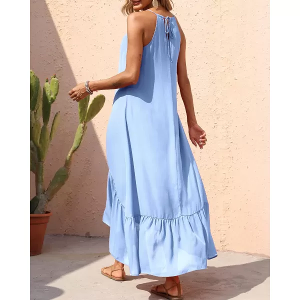 imageBTFBM Women Casual Summer Dresses 2023 Spaghetti Strap Sleeveless Sundress Print Ruffle Flowy Boho Beach Long Maxi DressSolid Light Blue