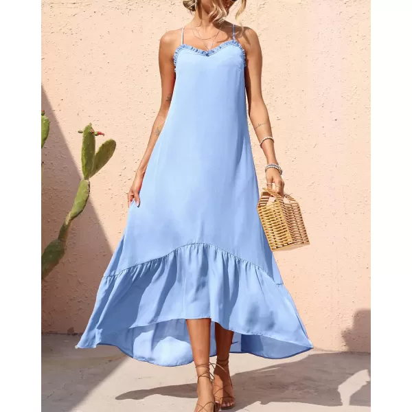 imageBTFBM Women Casual Summer Dresses 2023 Spaghetti Strap Sleeveless Sundress Print Ruffle Flowy Boho Beach Long Maxi DressSolid Light Blue