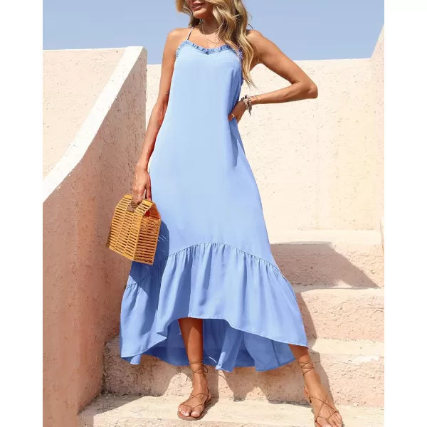 imageBTFBM Women Casual Summer Dresses 2023 Spaghetti Strap Sleeveless Sundress Print Ruffle Flowy Boho Beach Long Maxi DressSolid Light Blue