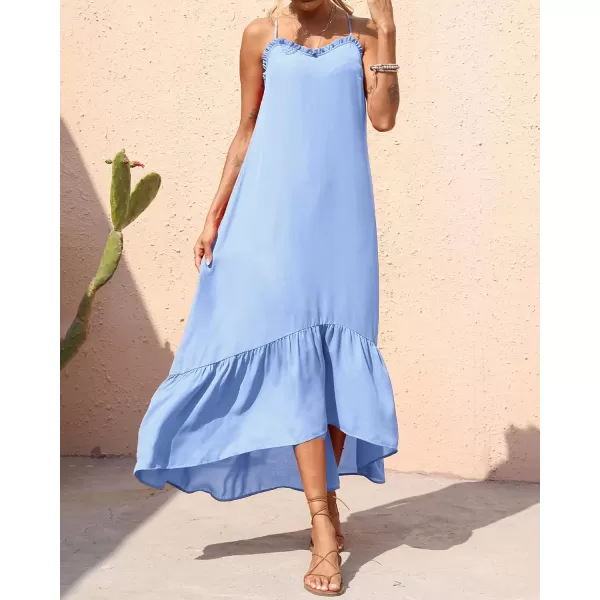 imageBTFBM Women Casual Summer Dresses 2023 Spaghetti Strap Sleeveless Sundress Print Ruffle Flowy Boho Beach Long Maxi DressSolid Light Blue