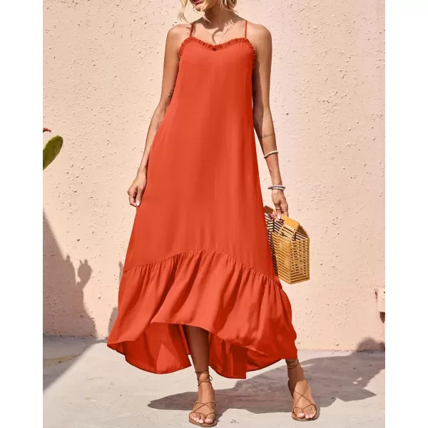 imageBTFBM Women Casual Summer Dresses 2023 Spaghetti Strap Sleeveless Sundress Print Ruffle Flowy Boho Beach Long Maxi DressSolid Orange
