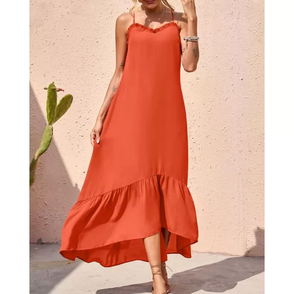 imageBTFBM Women Casual Summer Dresses 2023 Spaghetti Strap Sleeveless Sundress Print Ruffle Flowy Boho Beach Long Maxi DressSolid Orange