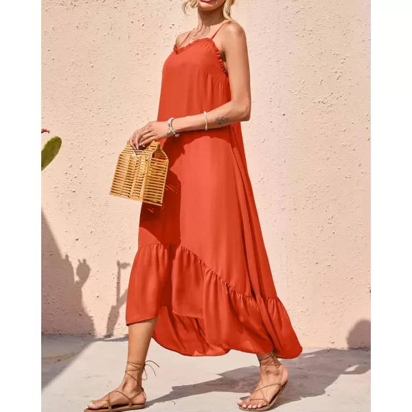 imageBTFBM Women Casual Summer Dresses 2023 Spaghetti Strap Sleeveless Sundress Print Ruffle Flowy Boho Beach Long Maxi DressSolid Orange