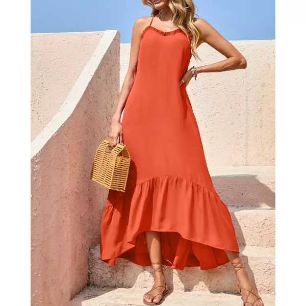 imageBTFBM Women Casual Summer Dresses 2023 Spaghetti Strap Sleeveless Sundress Print Ruffle Flowy Boho Beach Long Maxi DressSolid Orange