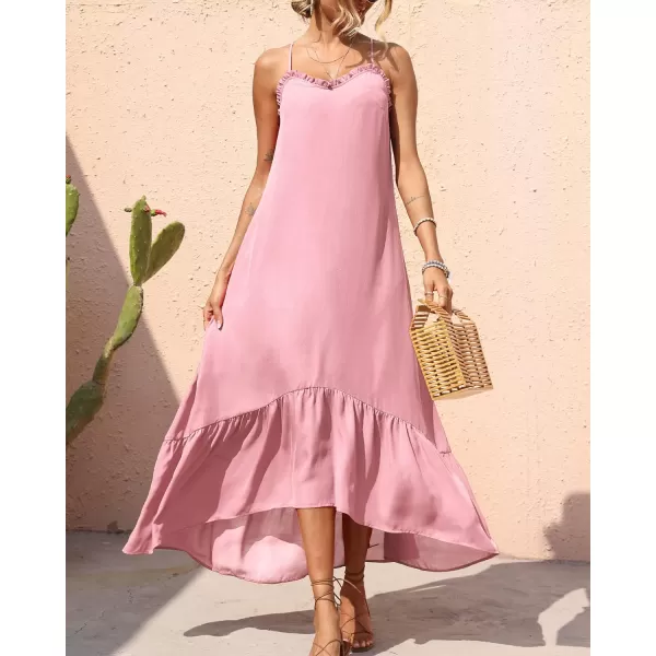 imageBTFBM Women Casual Summer Dresses 2023 Spaghetti Strap Sleeveless Sundress Print Ruffle Flowy Boho Beach Long Maxi DressSolid Pink