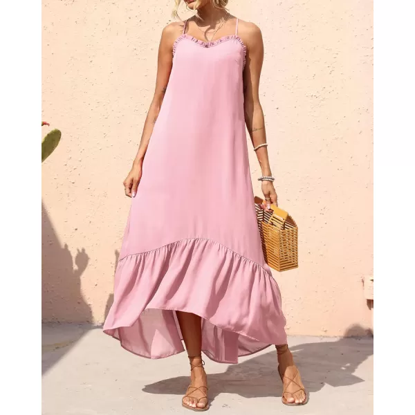 imageBTFBM Women Casual Summer Dresses 2023 Spaghetti Strap Sleeveless Sundress Print Ruffle Flowy Boho Beach Long Maxi DressSolid Pink