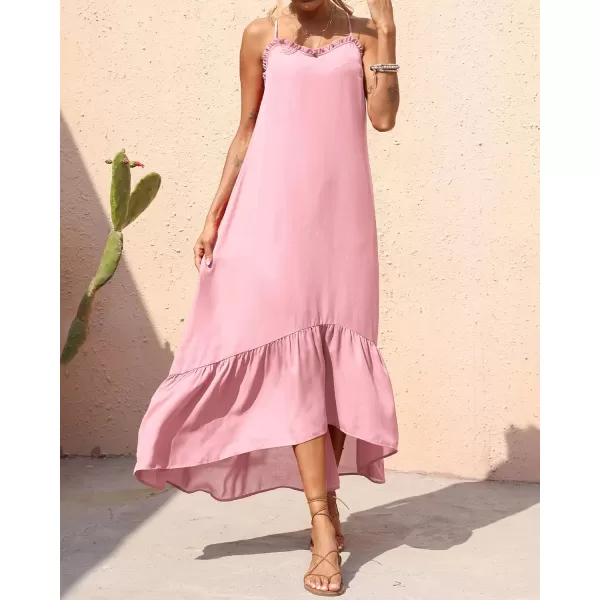 imageBTFBM Women Casual Summer Dresses 2023 Spaghetti Strap Sleeveless Sundress Print Ruffle Flowy Boho Beach Long Maxi DressSolid Pink