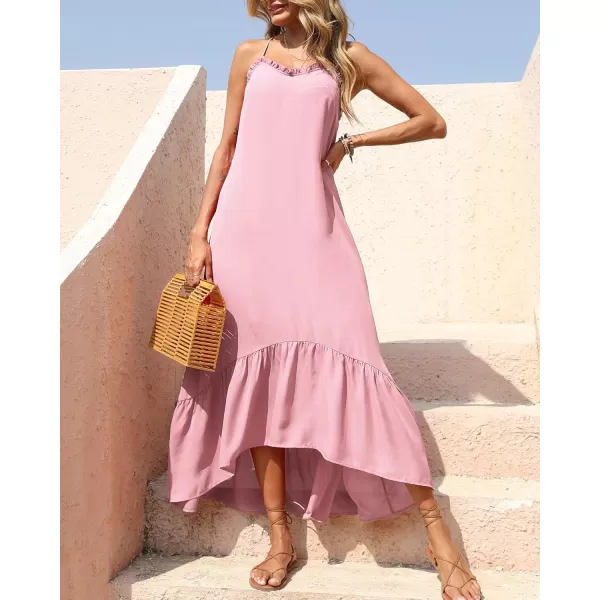 imageBTFBM Women Casual Summer Dresses 2023 Spaghetti Strap Sleeveless Sundress Print Ruffle Flowy Boho Beach Long Maxi DressSolid Pink