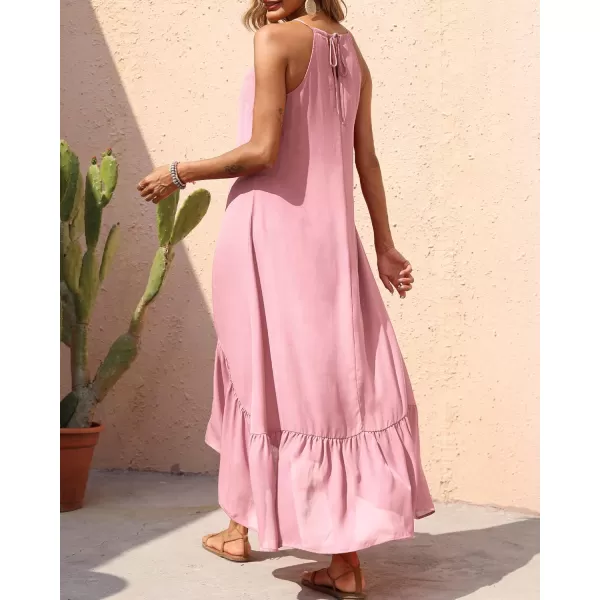 imageBTFBM Women Casual Summer Dresses 2023 Spaghetti Strap Sleeveless Sundress Print Ruffle Flowy Boho Beach Long Maxi DressSolid Pink