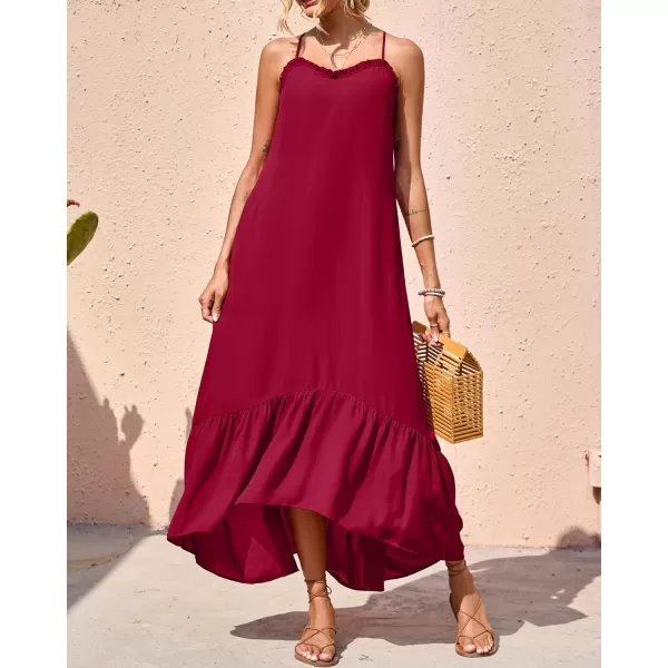 imageBTFBM Women Casual Summer Dresses 2023 Spaghetti Strap Sleeveless Sundress Print Ruffle Flowy Boho Beach Long Maxi DressSolid Red