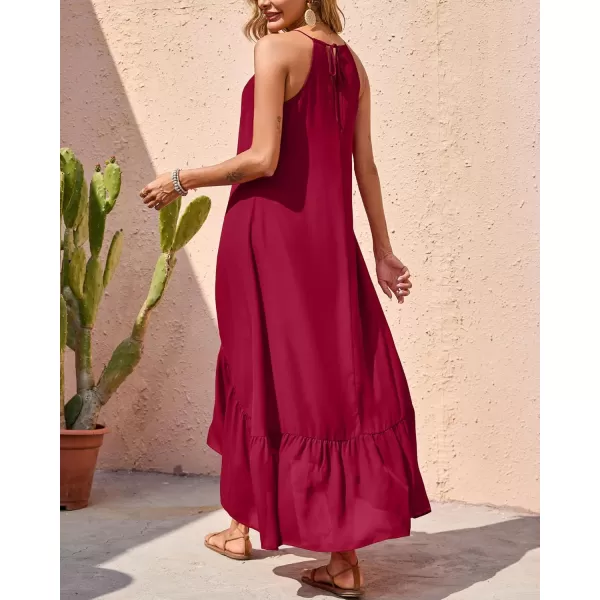 imageBTFBM Women Casual Summer Dresses 2023 Spaghetti Strap Sleeveless Sundress Print Ruffle Flowy Boho Beach Long Maxi DressSolid Red