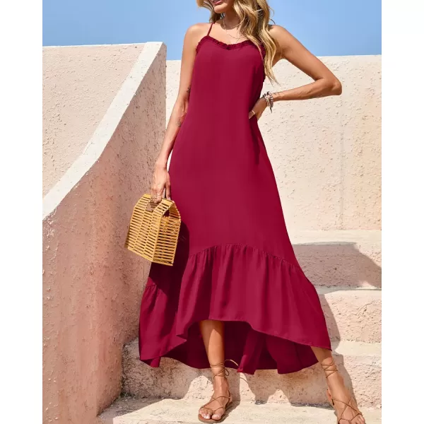 imageBTFBM Women Casual Summer Dresses 2023 Spaghetti Strap Sleeveless Sundress Print Ruffle Flowy Boho Beach Long Maxi DressSolid Red
