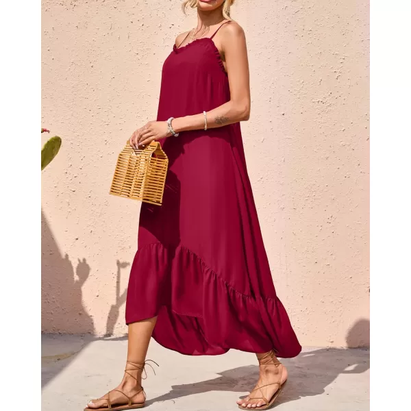 imageBTFBM Women Casual Summer Dresses 2023 Spaghetti Strap Sleeveless Sundress Print Ruffle Flowy Boho Beach Long Maxi DressSolid Red