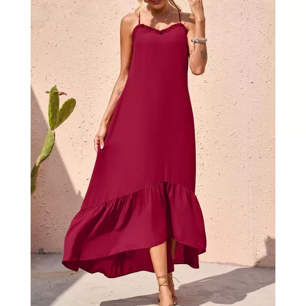 imageBTFBM Women Casual Summer Dresses 2023 Spaghetti Strap Sleeveless Sundress Print Ruffle Flowy Boho Beach Long Maxi DressSolid Red