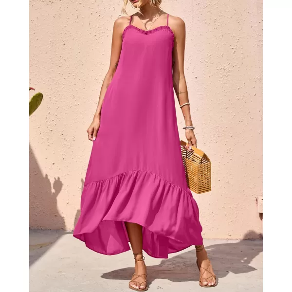 imageBTFBM Women Casual Summer Dresses 2023 Spaghetti Strap Sleeveless Sundress Print Ruffle Flowy Boho Beach Long Maxi DressSolid Rose Red